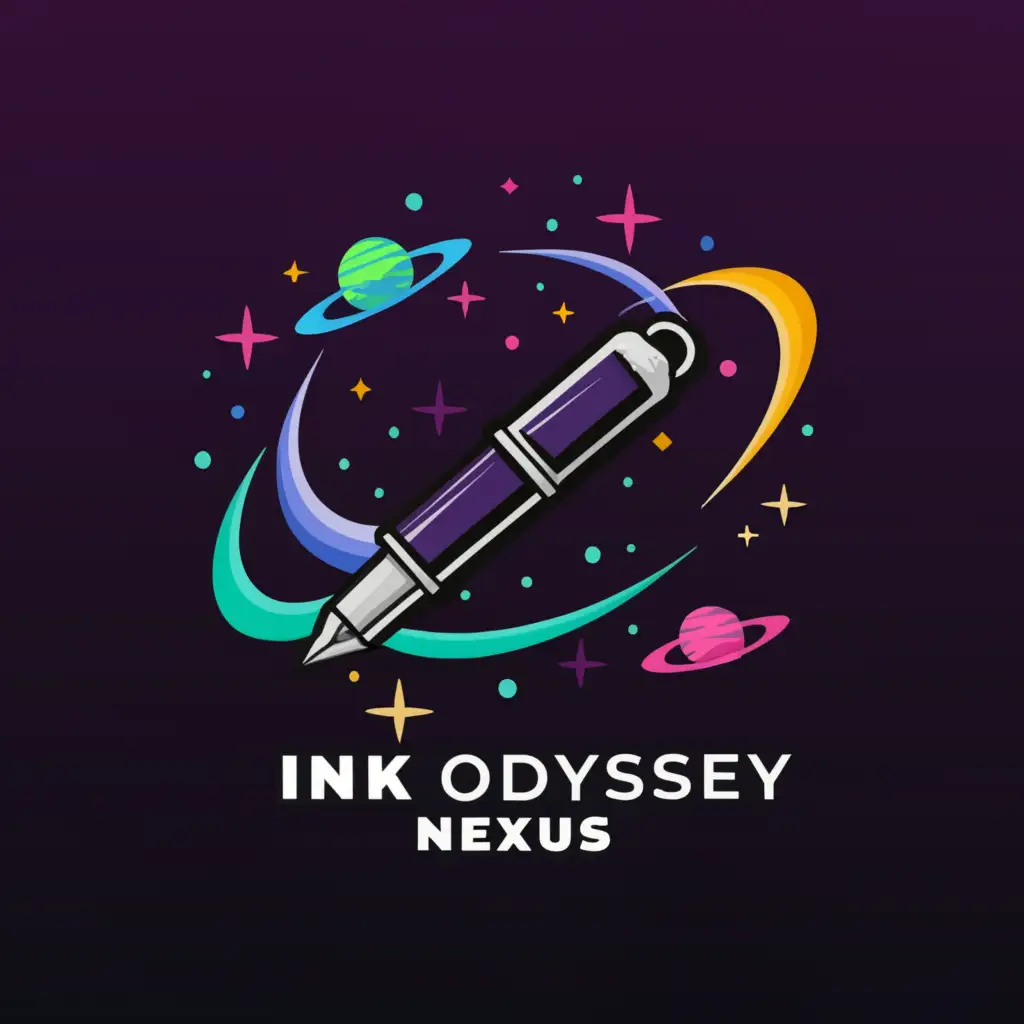 a logo design,with the text "Ink Odyssey Nexus", main symbol:a galaxy with ink pen, swirling stars and nebulae arranged in the shape of open books,Moderate,be used in Internet industry,clear background