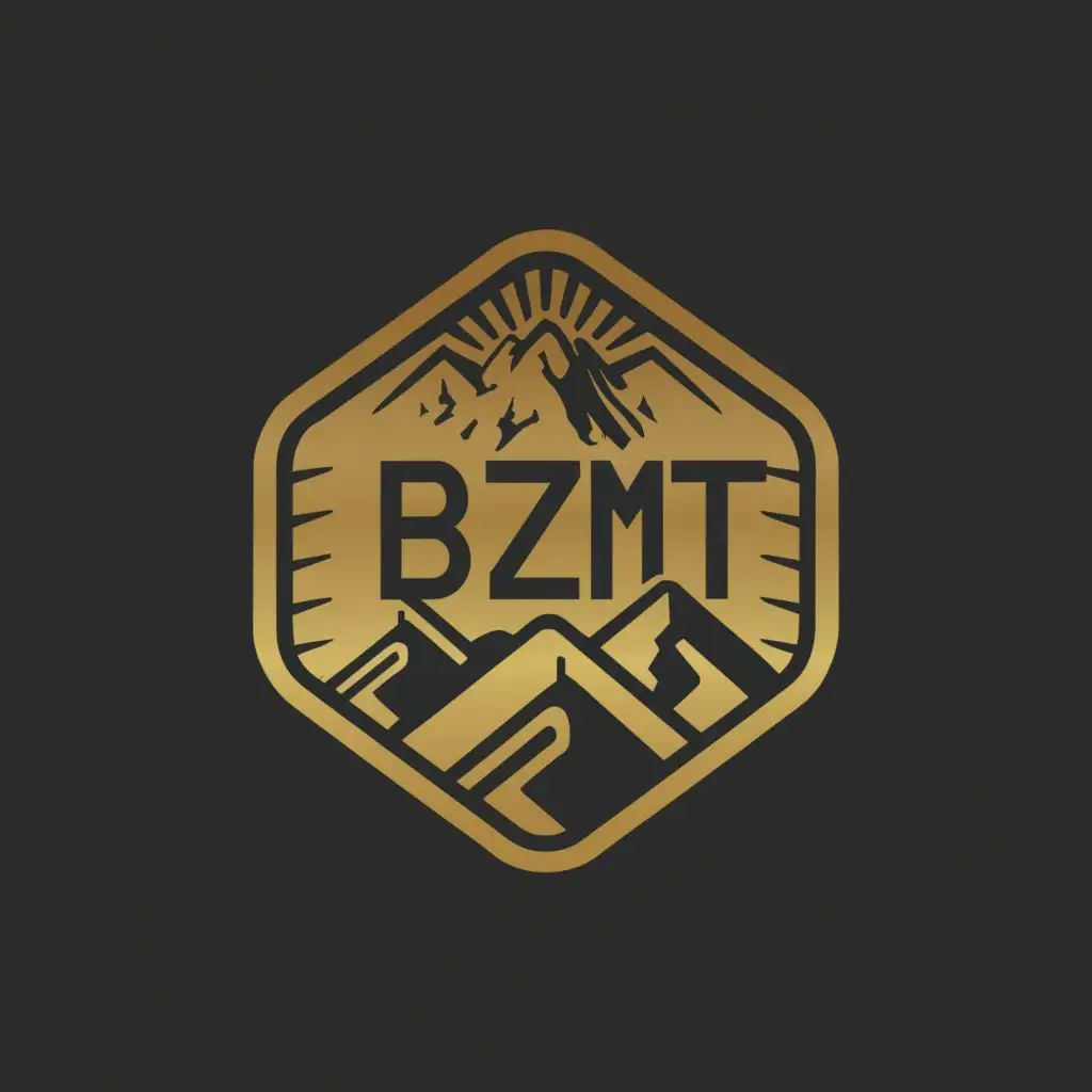 logo,  in gold and black over misty bridger mountains, with the text """"
BZMT
"""
", typography, be used in Construction industry