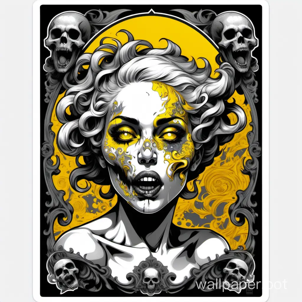 skull venus odalisque, front head , sexy crazy face, open mouth with tongue, chaos ornamental, short hair, darkness, assimetrical, chinese poster, torn poster edge, alphonse mucha hiperdetailed, highcontrast, black white yellow gray, explosive dripping  colors, sticker art