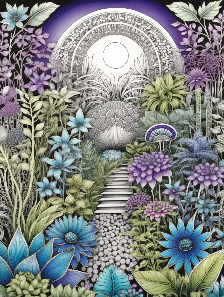 Zentangle Gardens, coloring book that  combines the meditative and intricate patterns of Zentangle art with exotic and imaginative botanical gardens, a soothing colour palette that includes vibrant blues, greens and purples, incorporating metallic or shimmering accents to add a touch of elegance  offering a creative and calming coloring experience.