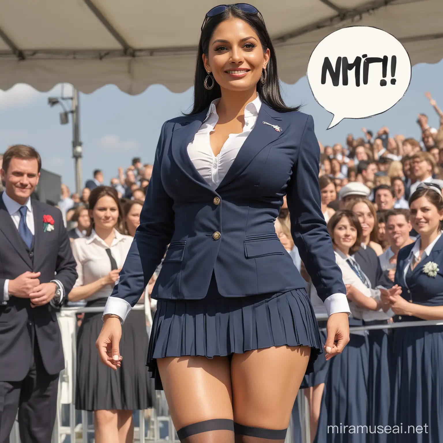 Voluptuous, Priti Patel, navy, stockings, pleated, skirtsuit, outdoor stage [Highly Detailed] Detailed comic art style, below angle, bra exposed, bending over, women's conference, smirk, big tits