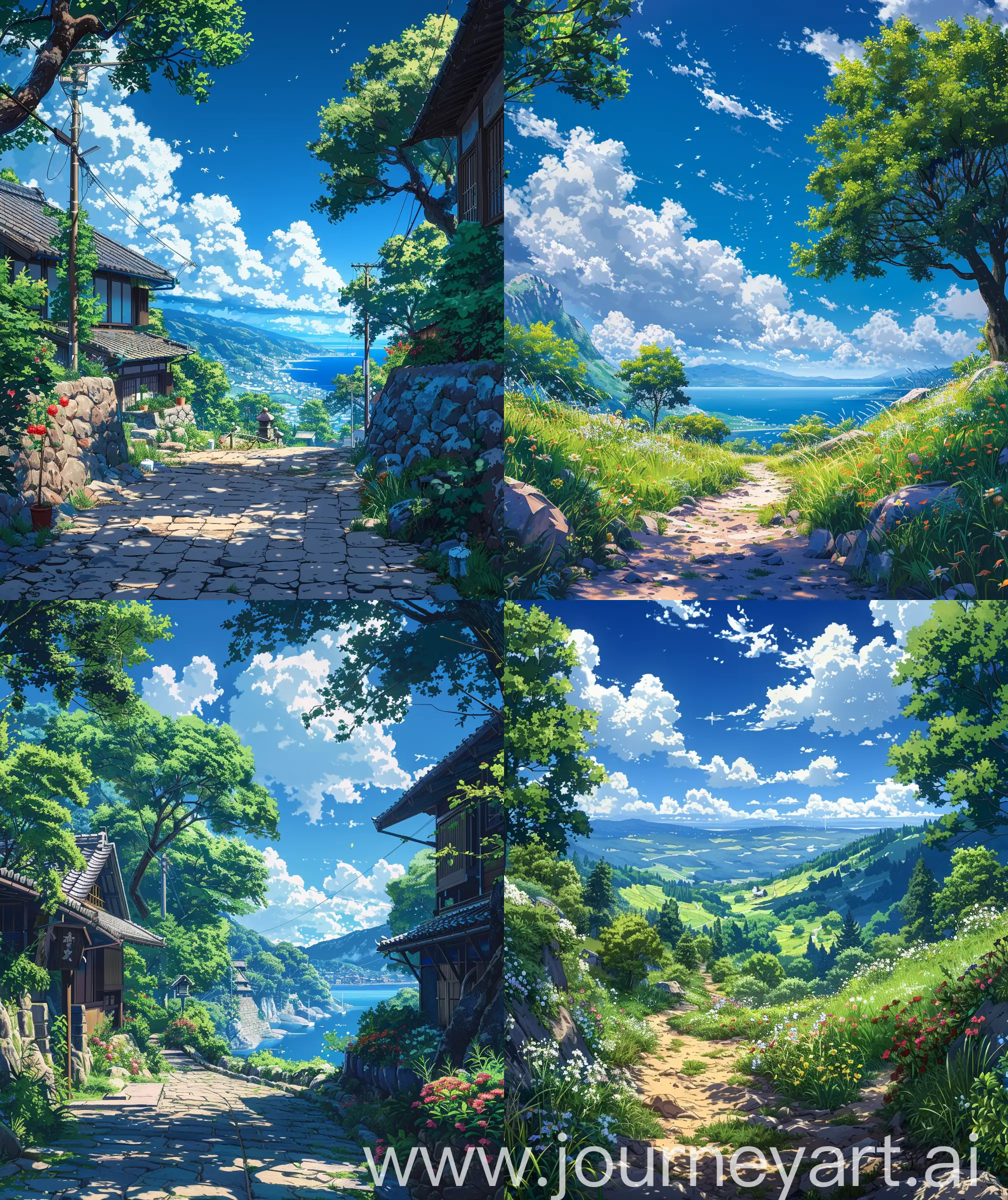 Beautiful anime scenary, mokoto shinkai style, a beautiful summer time, "verious nature scenaries ", anime style different places with quite and calm view, beautiful blue sky, day time , spring time, illustration ultra HD, high quality, sharp details, no blurry, no hyperrealistic --ar 27:32 --s 600