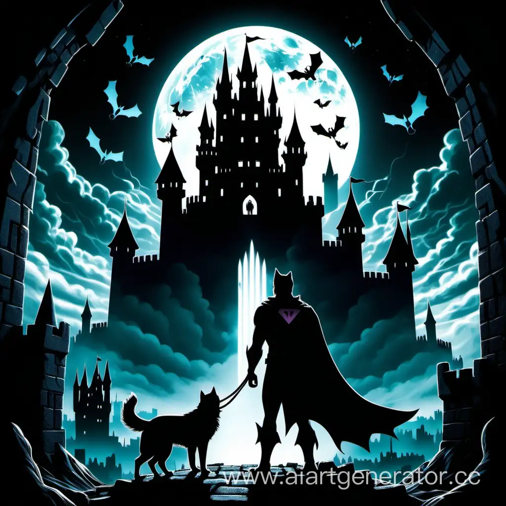 Тёмный замок, а перед ним стоит супергерой в плаще, и держит за поводок собаку, хаски, а сверху над замком, силует микрочипа, сбоку от него злой кот, а справа волк