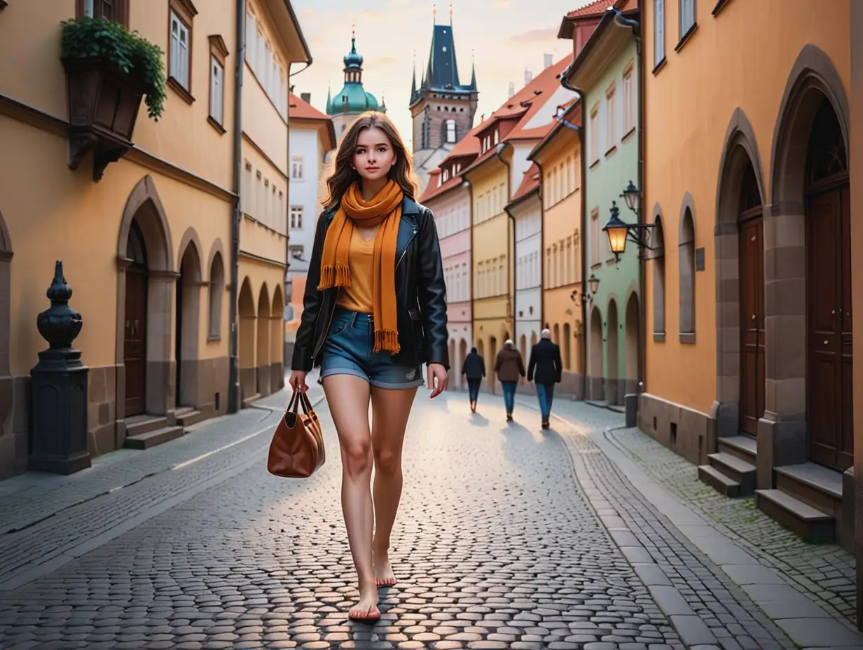 Subject: The main subject of the image is a 25-year-old girl walking through Prague's old town. She is depicted as barefoot, adding a sense of casualness and relaxation to the scene. Setting: The setting is in the evening, adding a serene atmosphere to the image. The soft lighting of dusk illuminates the old town, creating a picturesque backdrop. Background: The background consists of the historic architecture of Prague's old town, with charming cobblestone streets and quaint buildings, providing a sense of nostalgia and cultural richness. Style/Coloring: The style of the image is realistic, capturing the essence of the scene with attention to detail. The coloring is warm and inviting, with hues of orange and yellow from the setting sun casting a golden glow. Action: The girl is depicted walking, suggesting a leisurely stroll through the old town. Her relaxed posture and bare feet convey a sense of freedom and spontaneity. Items/Costume: She is wearing shorts, a black jacket, and a scarf, indicating a casual yet stylish attire suitable for an evening outing. She carries a bag, possibly containing her belongings for the excursion. Accessories: The girl's bare legs and feet serve as notable accessories, emphasizing her carefree demeanor and connection with nature.