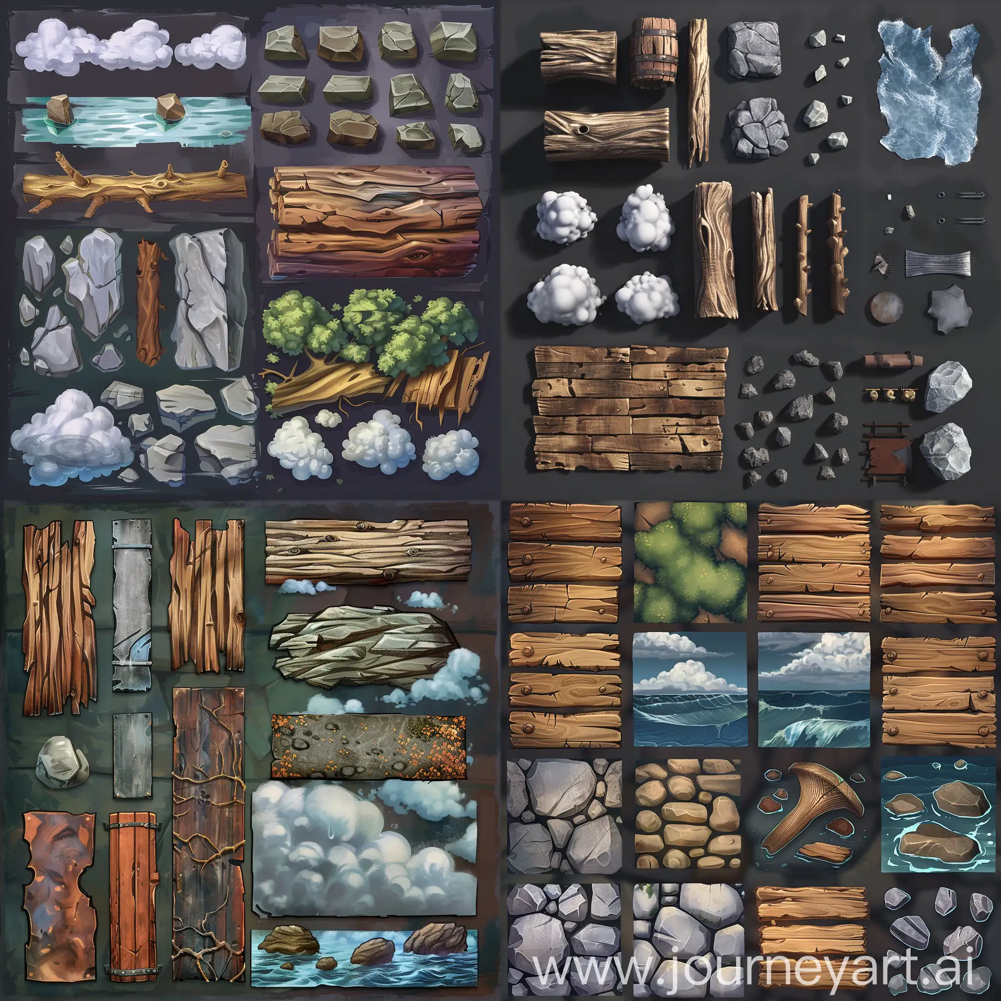 make texture set like a long dark game. painted style. woods, rocks, water, clouds and some metals. stylized style like a long dark videogame.