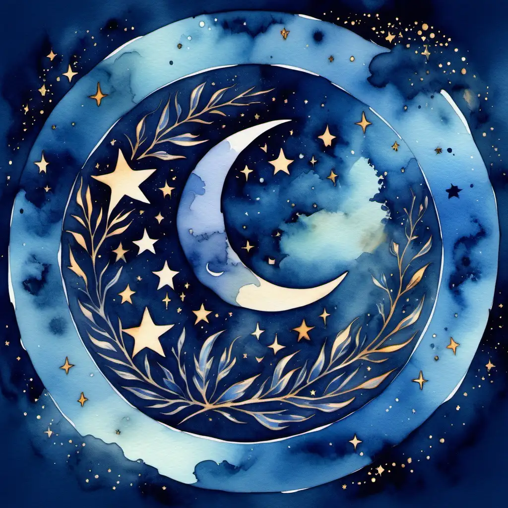 watercolor celestial sky, crescent moon and stars, shades of dark blues, circle logo