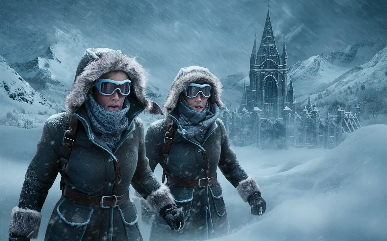 Arctic-Explorers-Men-in-Winter-Survival-Gear-Trekking-through-Snowstorm-Near-a-Gothic-Castle
