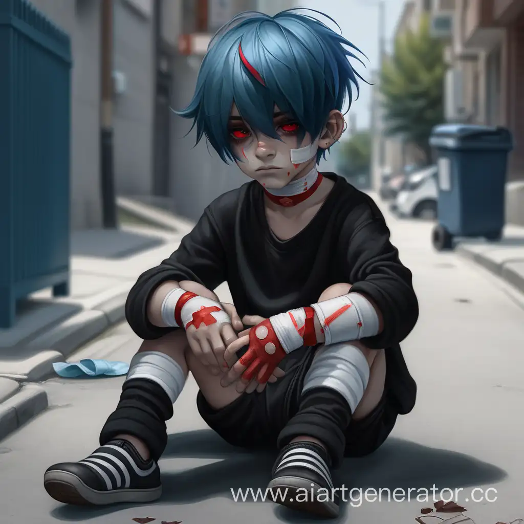 маленький мальчик с голубыми волосами, красными глазами, руки в бинтах на лице ранки и шрамы, одетый в черное сидит на улице, ему одиноко 