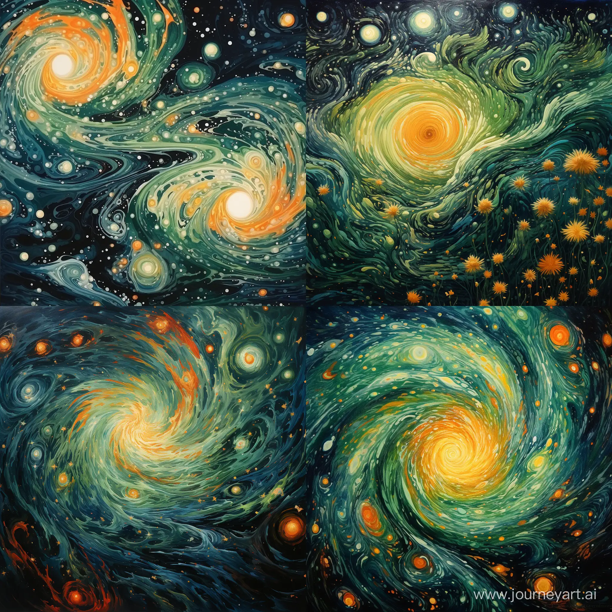 Blumensee within 'Astral Whirls', a style capturing the swirling motion of astral bodies, with colors [green] and [orange] blending like galaxies