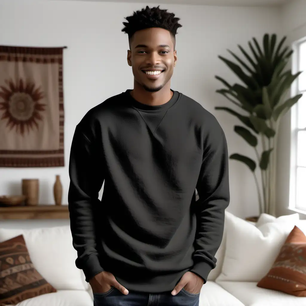 a photorealistic photo mockup of a gently smiling black male model wearing a blank black
over-sized Gildan 18000 sweatshirt with a tight collar, in front of an indoor white themed
boho style home living Room scene. professional photography composition, f9.0. --ar 5:4 -
-s 750 --style raw 
