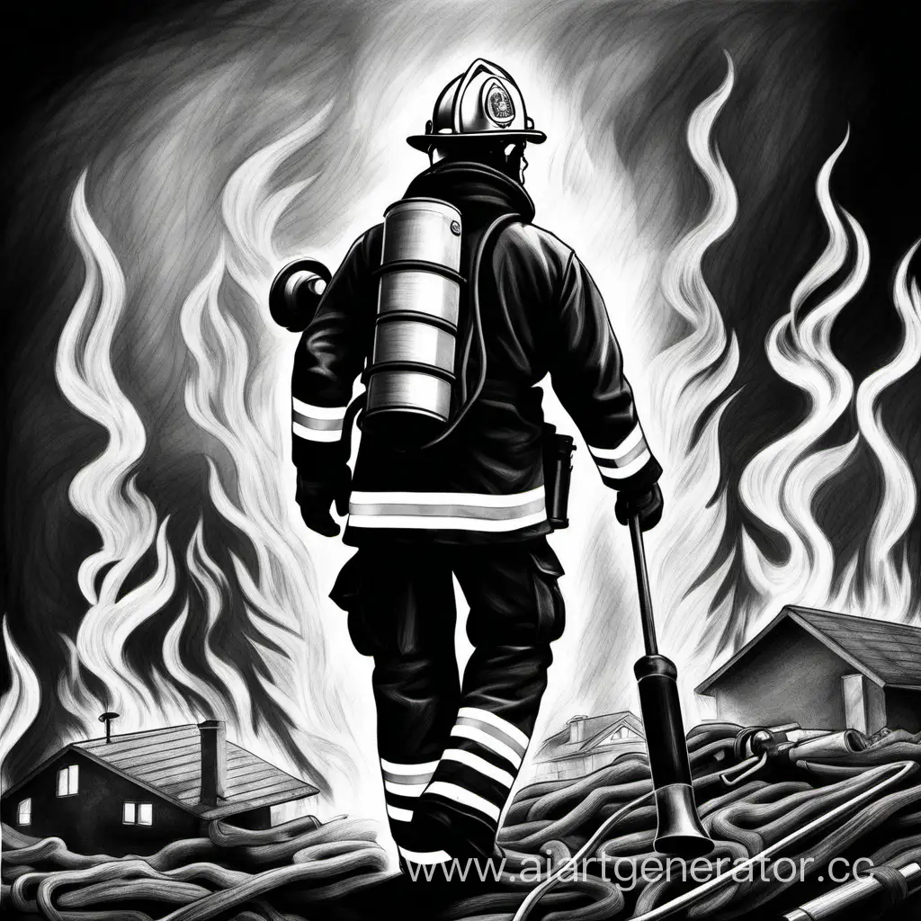 день пожарной охраны, чб рисунок, пожарный, пожар