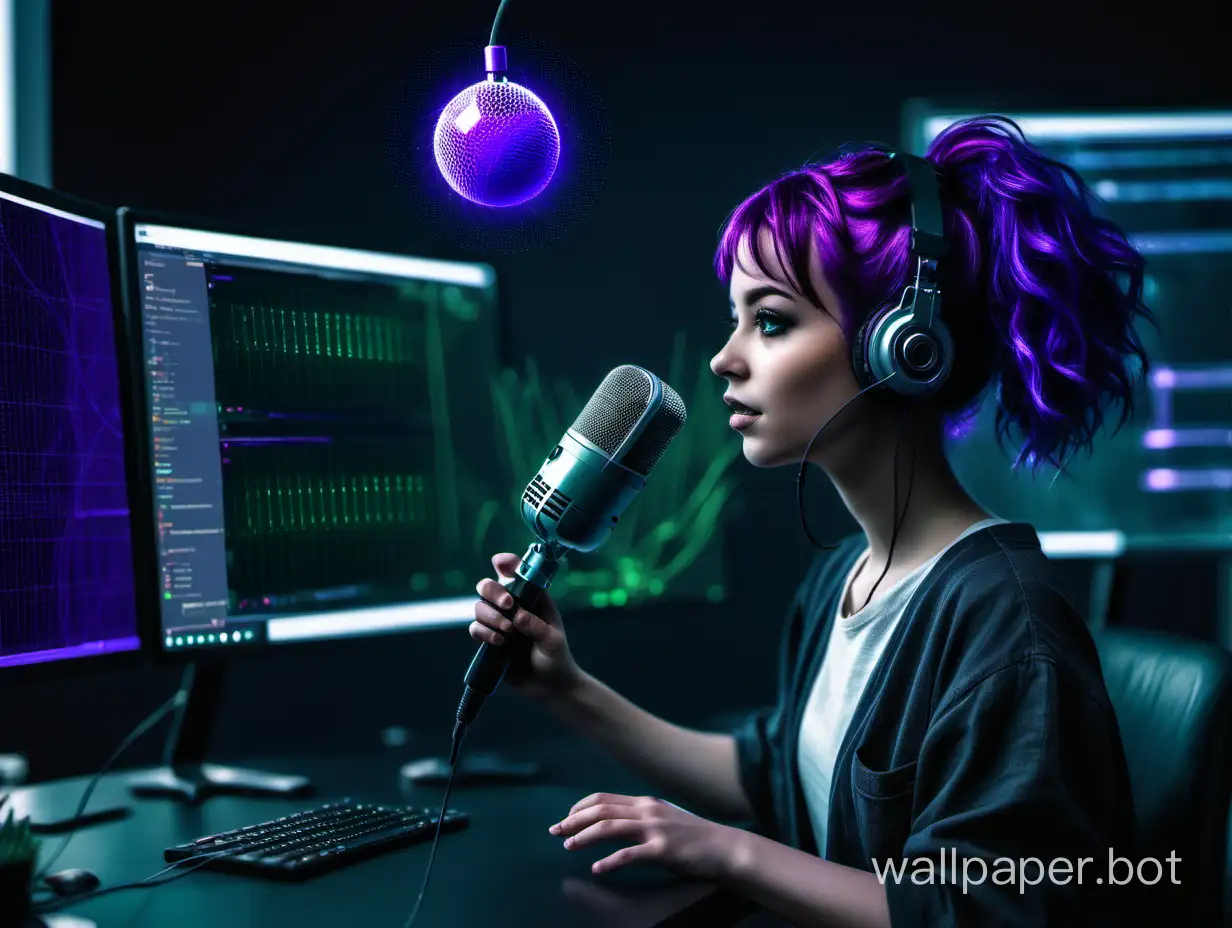Программист девушка с фиолетовыми волосами, учит AI распозновать голос, микрофон, окружение темный офис, цвет черный, зелёный, синий