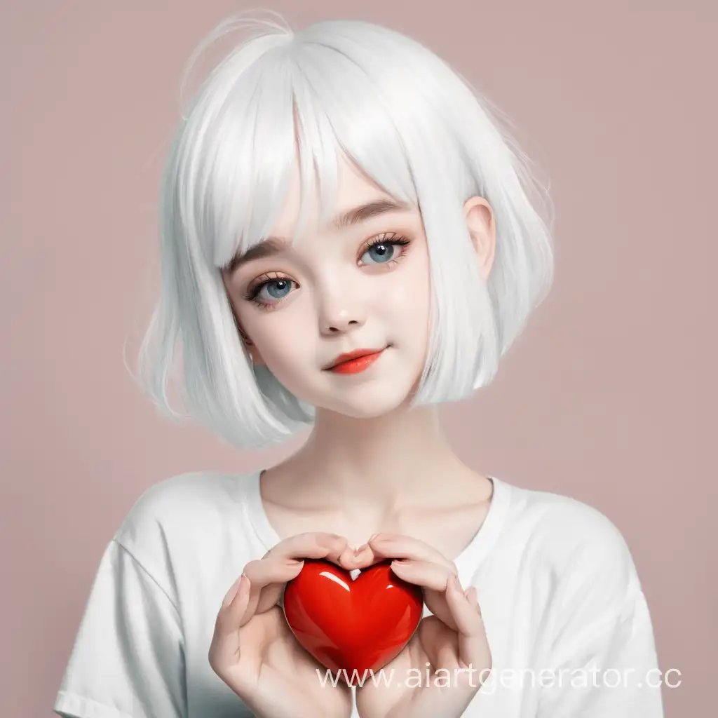 Девушка с короткими белыми волосами показывает сердечко 