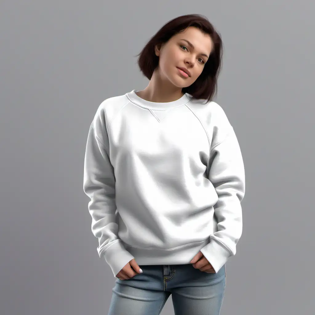 woman wearing a plain white sweatshirt mockup cozy aesthetic --s 50 