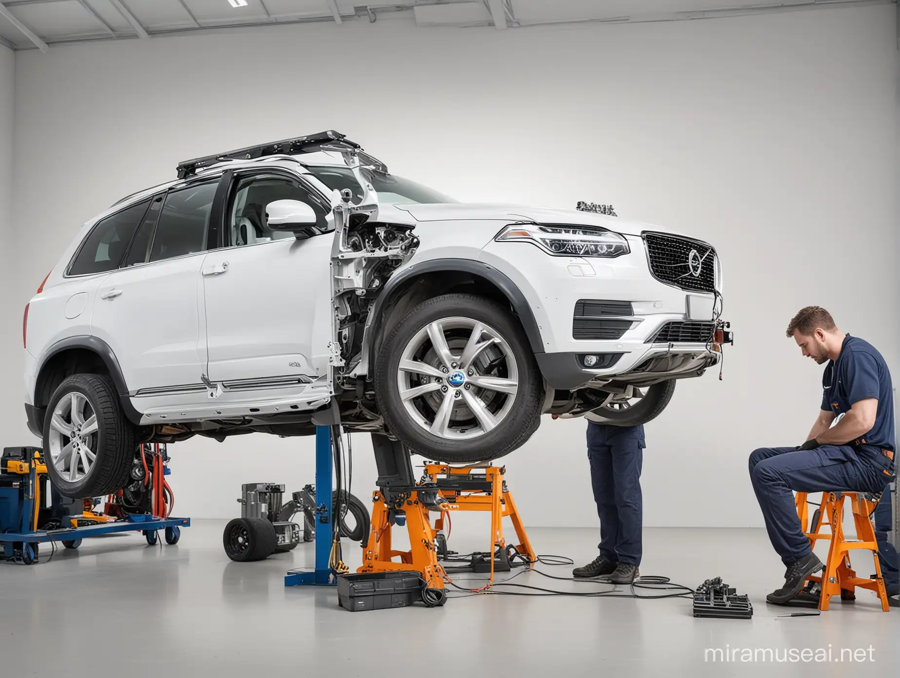 Generate an image depicting a mechanic installing spare parts on a Volvo XC90 SUV, full white background