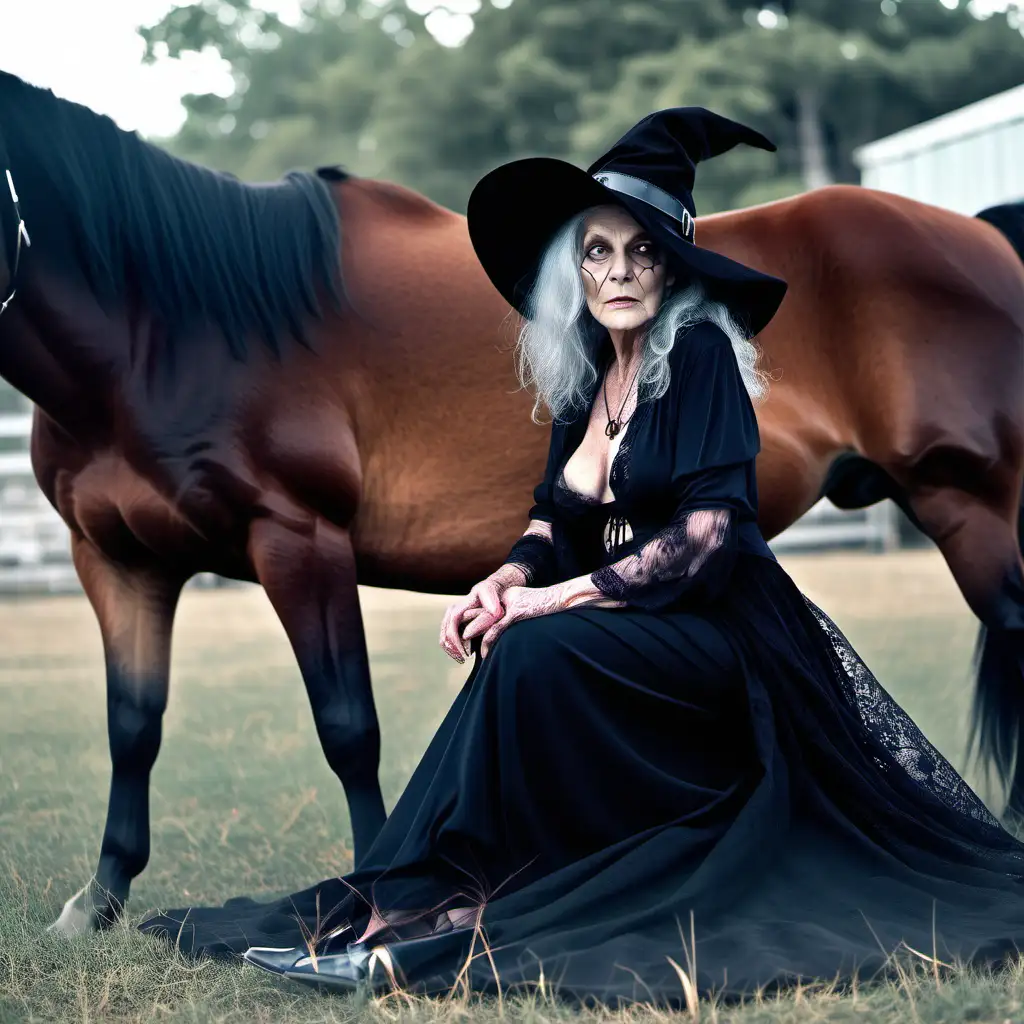 SEDUCTIVE OLD WITCH SITTING IN A HORSE PADDOCK 