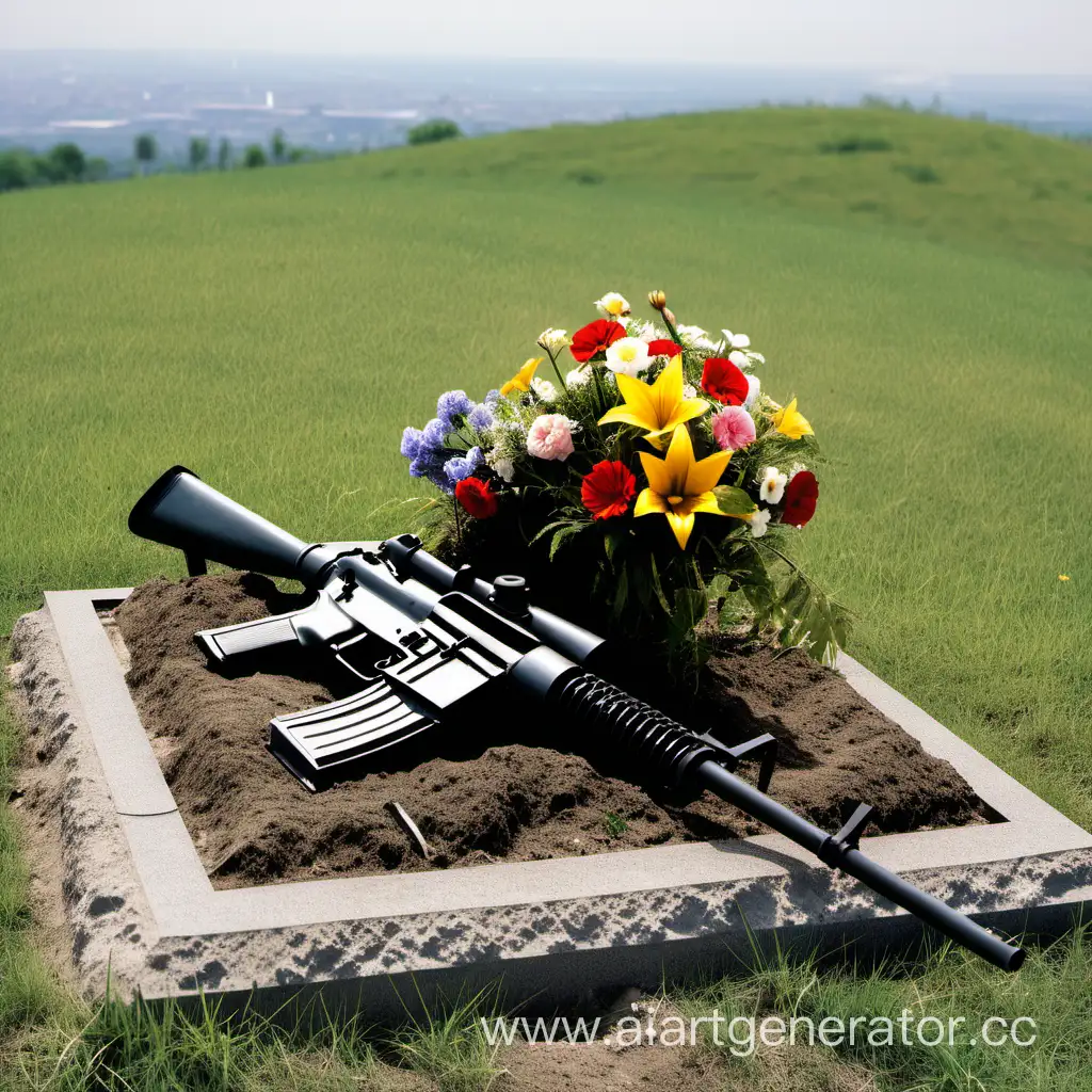 Grave-on-Hill-Tribute-with-Flowers-and-Machine-Gun