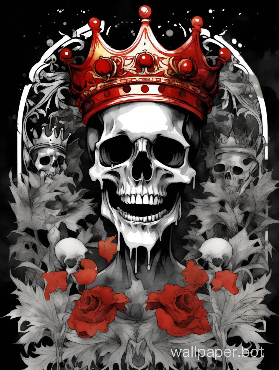 laugh skull wearing a little crown, blindfolded, ornamental, baroque, dripping watercolor,  alphonse mucha, william morris, red, black, white, gray, hiperdetailed poster, dark, high contrast, 