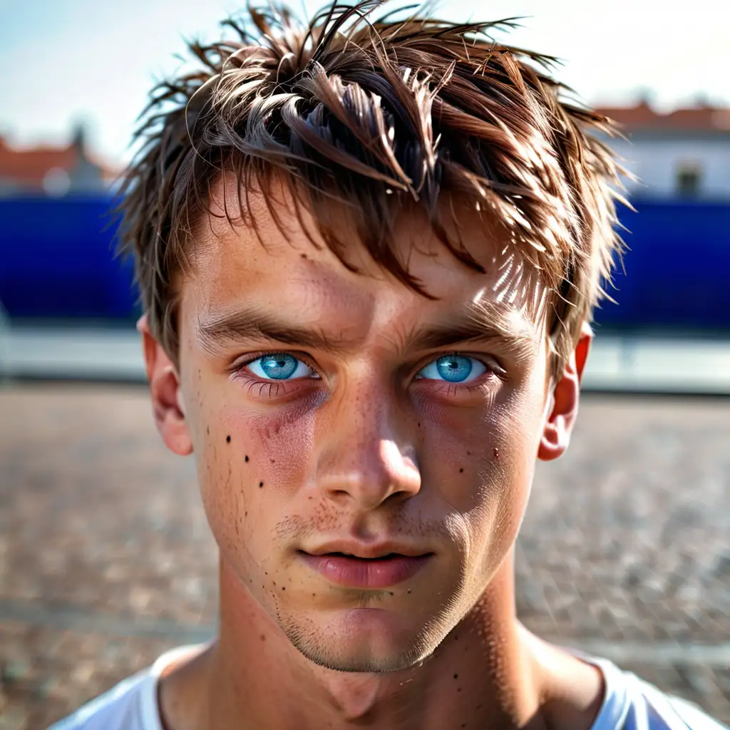 Young Man with Striking Blue Eyes and Short Brown Hair in Urban Setting