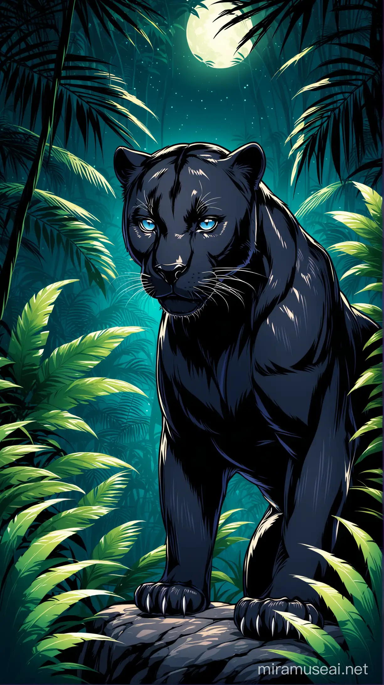 Black panther vector. Night time jungle background