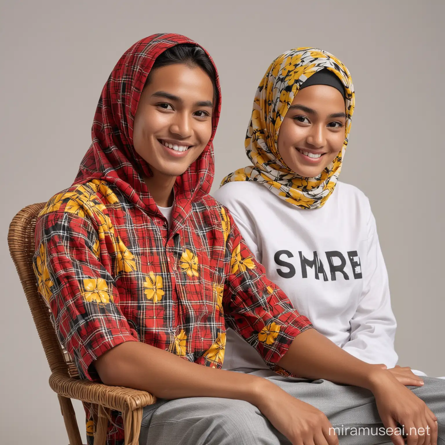 Perintah " a young Indonesian man is sitting on a rattan chair wearing a white t-shirt that says BERBAGI  and a red and black checkered shirt accompanied by a beautiful young Indonesian woman wearing a simer hijab with yellow striped flower motifs, a slightly sweet smiling face, the best image quality, realistic 16k
