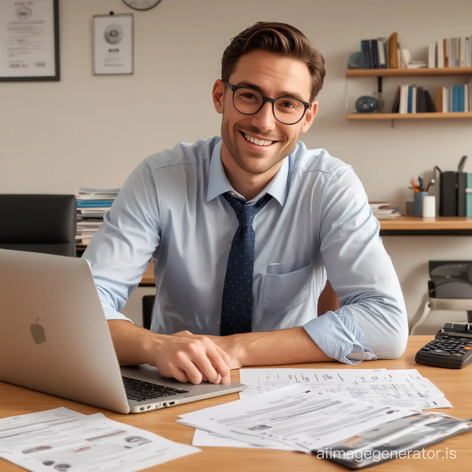 A happy professional setting, perhaps with a man sitting at a desk with regulatory documents and laptop, Disney Pixar movie style