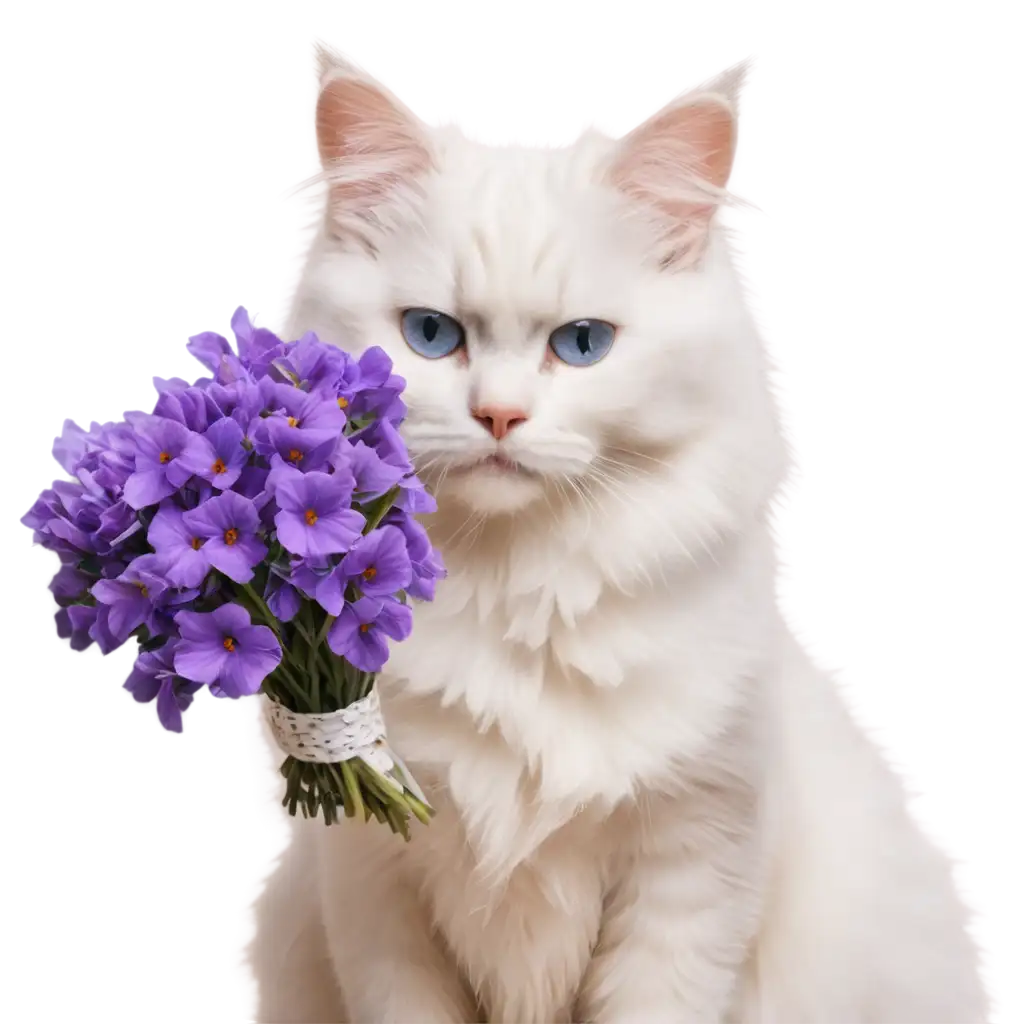 a cute white fluffy cat with a bouquet of violets