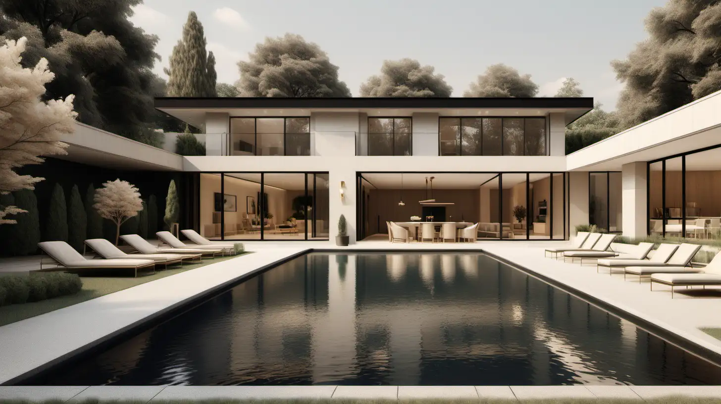 hyperrealistic image of a classic contemporary large minimalist estate home pool area and sprawling gardens; beige; blonde oak; black accents; brass; 