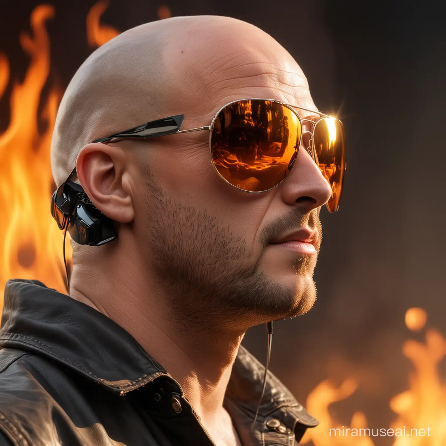 bald man with a headset and aviators sunglasses that have flames in the reflection on the lenses
