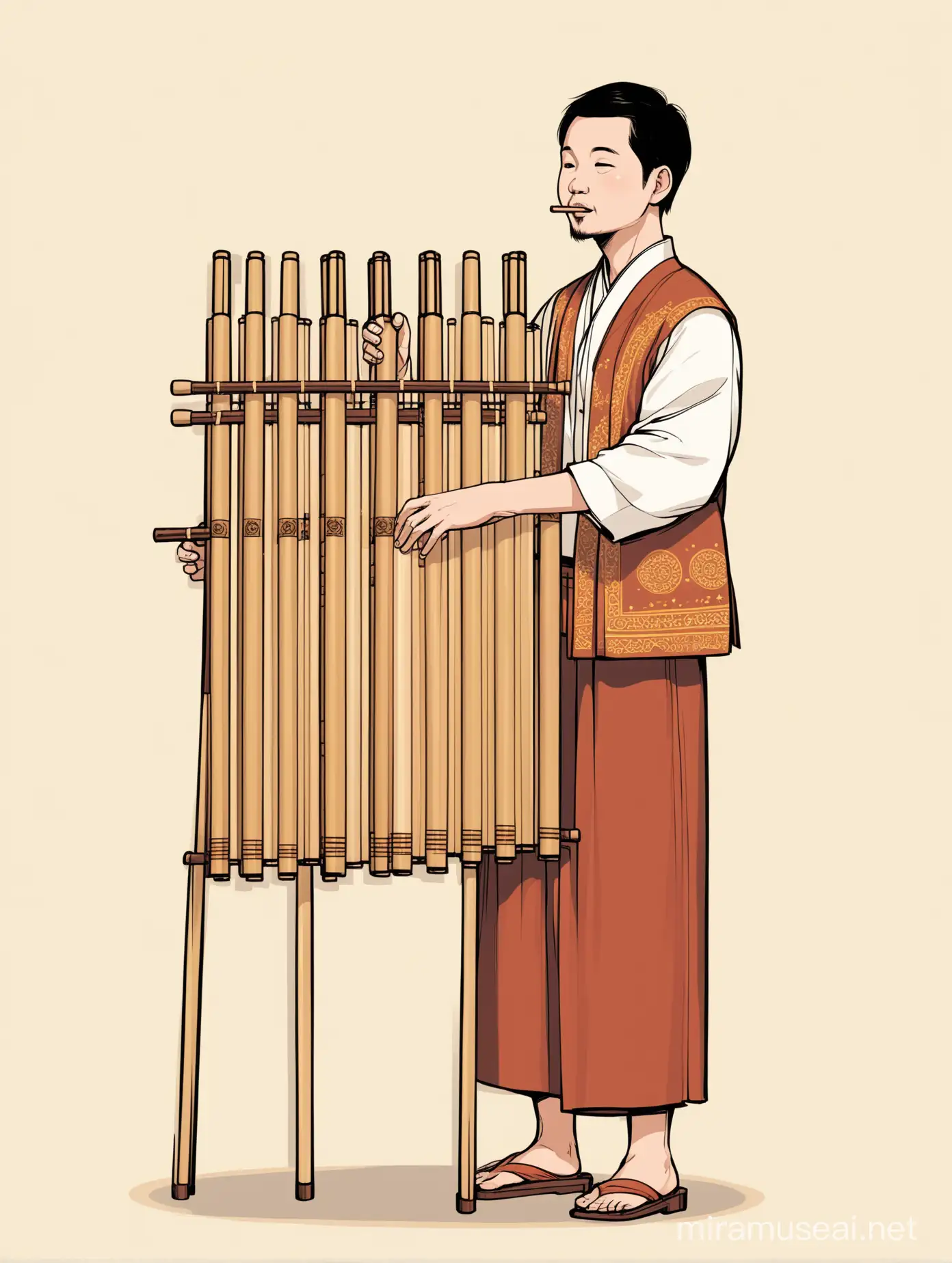 a photo of a man playing the angklung musical instrument, full body, cartoon drawing
