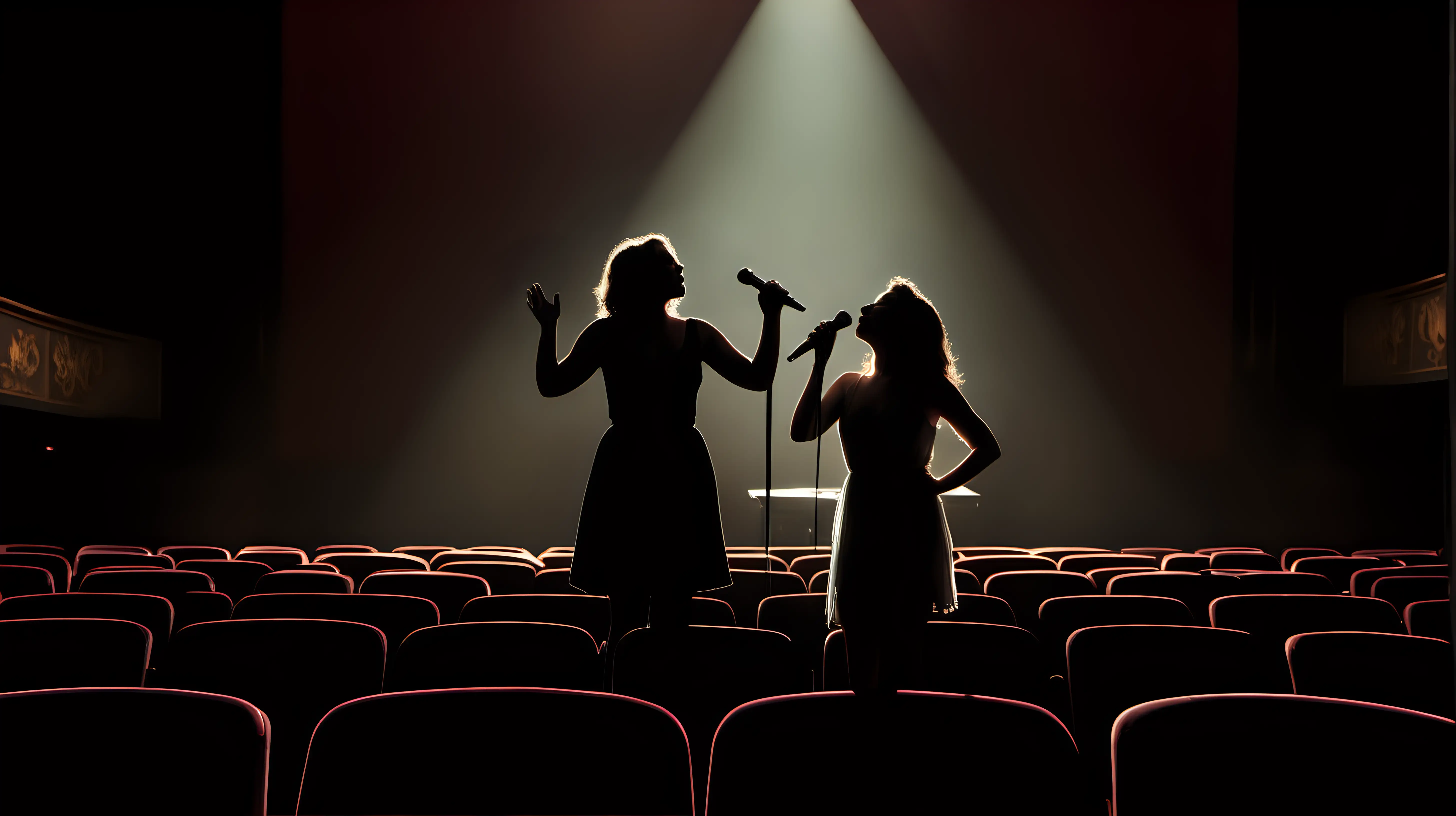 A singer stands center stage, bathed in soft light, their silhouette against the backdrop of empty theater seats, as they passionately belt out a heartfelt melody.
