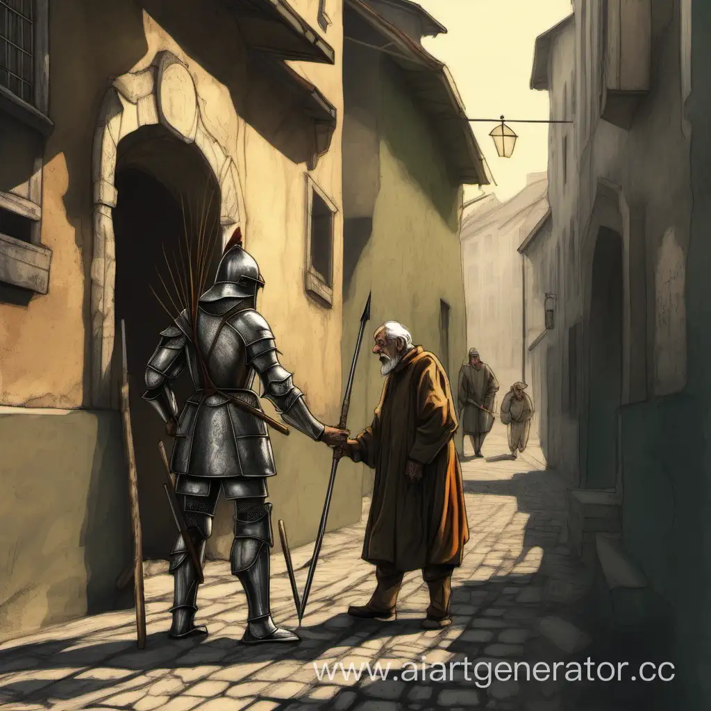 Medieval-Guard-Interrogating-Elderly-Farmer-with-Spear-in-City-Street