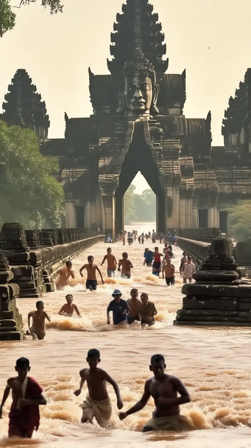 Scene: catostrophic huge floods in ancient Angkor wat , people running away to flee
Form: Cinematic