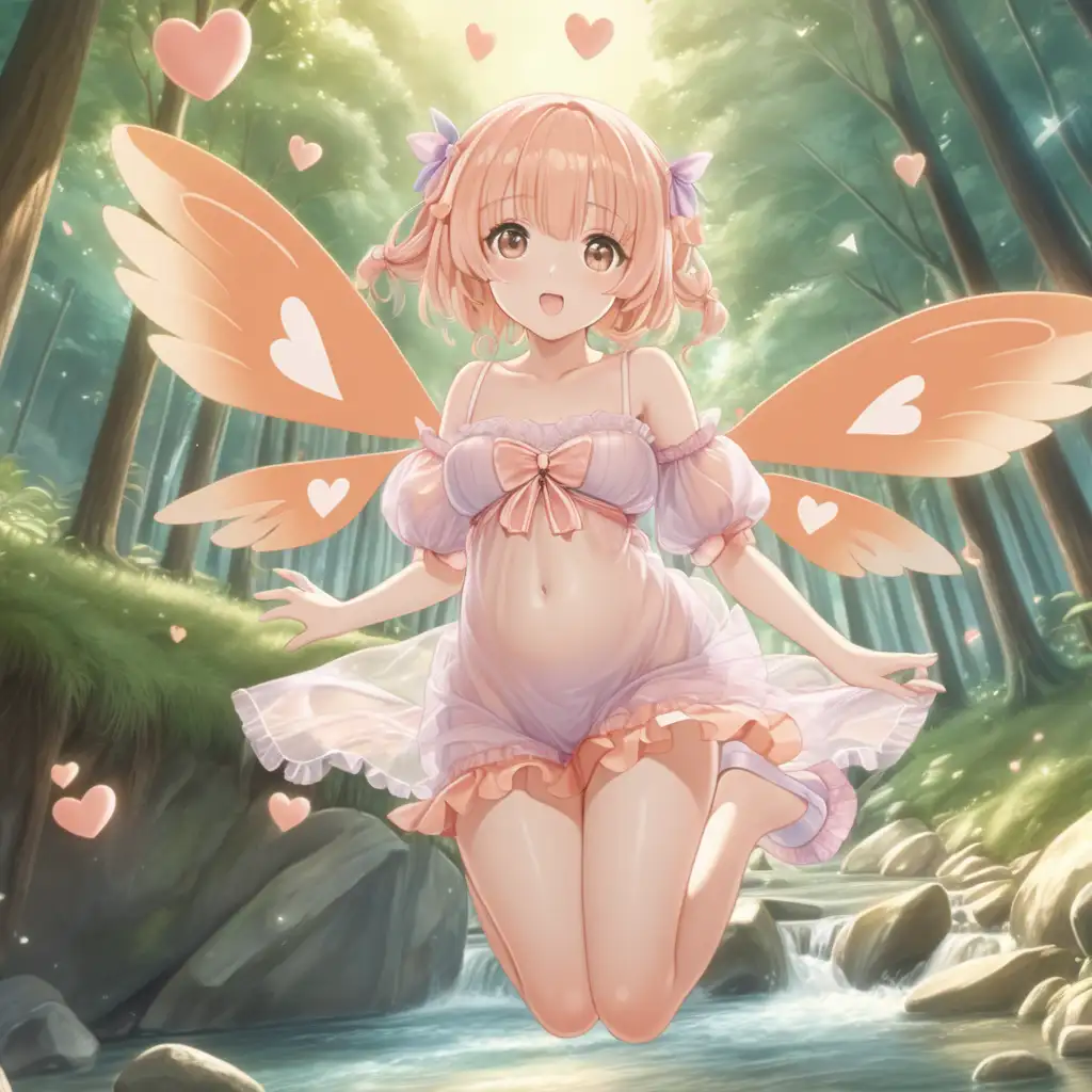 飛んでいる妖精のロリ美少女。お腹、桃色のハート型のペイント。太い太腿。ネグリジェ。
温かい雰囲気。森の中の背景。小さな川。
リアル。アニメ。最高画質。