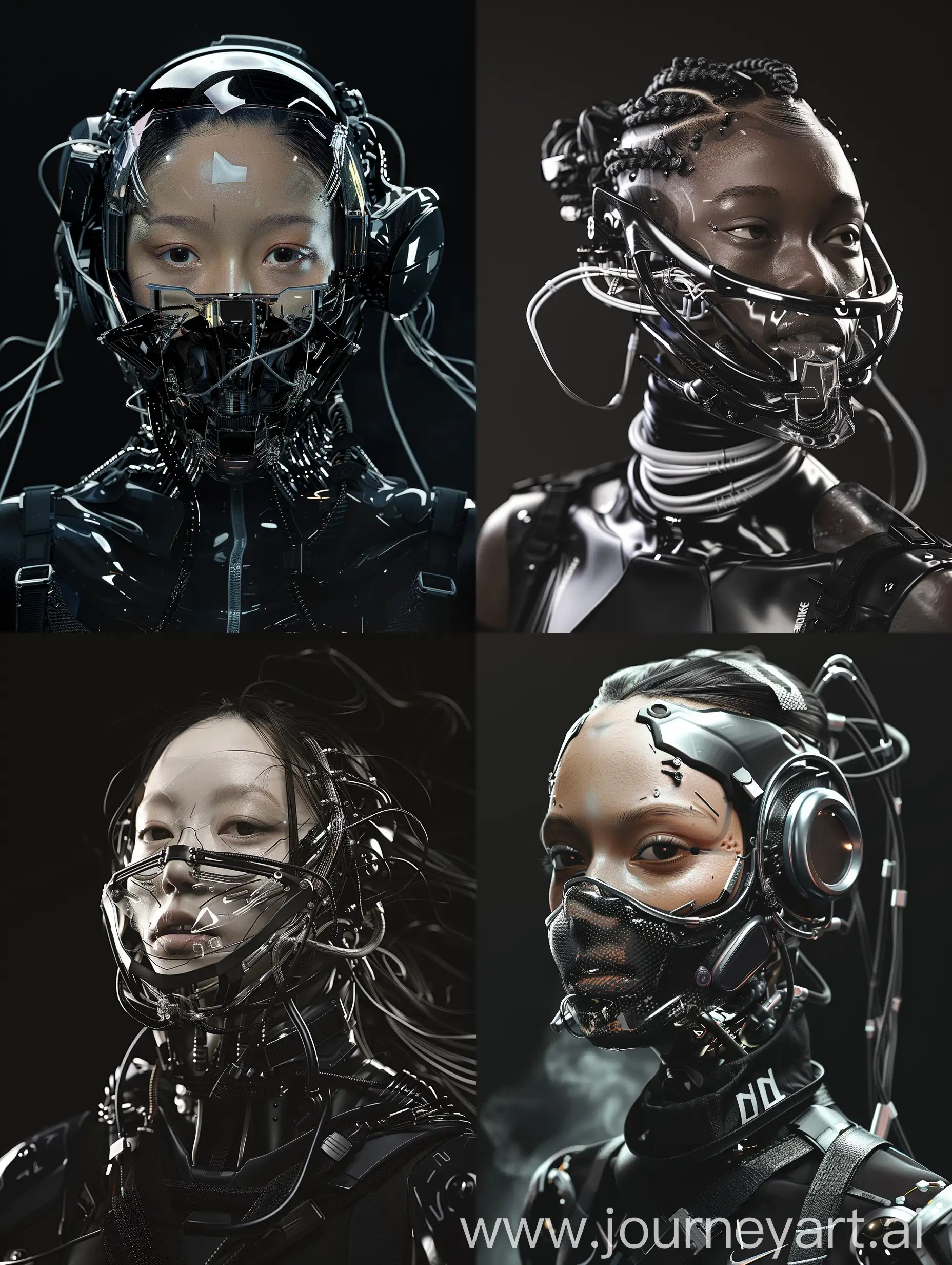 Against a sleek black backdrop, witness the captivating presence of a Beautiful character adorned with a cybernetic mouth-covering mask. It seamlessly merges cutting-edge technology with intricate details, showcasing carbon fiber textures, sleek aluminum accents, glass details and wires. Symbolizing the delicate equilibrium between humanity and machine, her appearance embodies the essence of a futuristic cyberpunk aesthetic, further accentuated by Nike-inspired add-ons. With dynamic movements reminiscent of action-packed film sequences, accompanied by cinematic haze and an electric energy, she exudes an irresistible allure that commands attention.