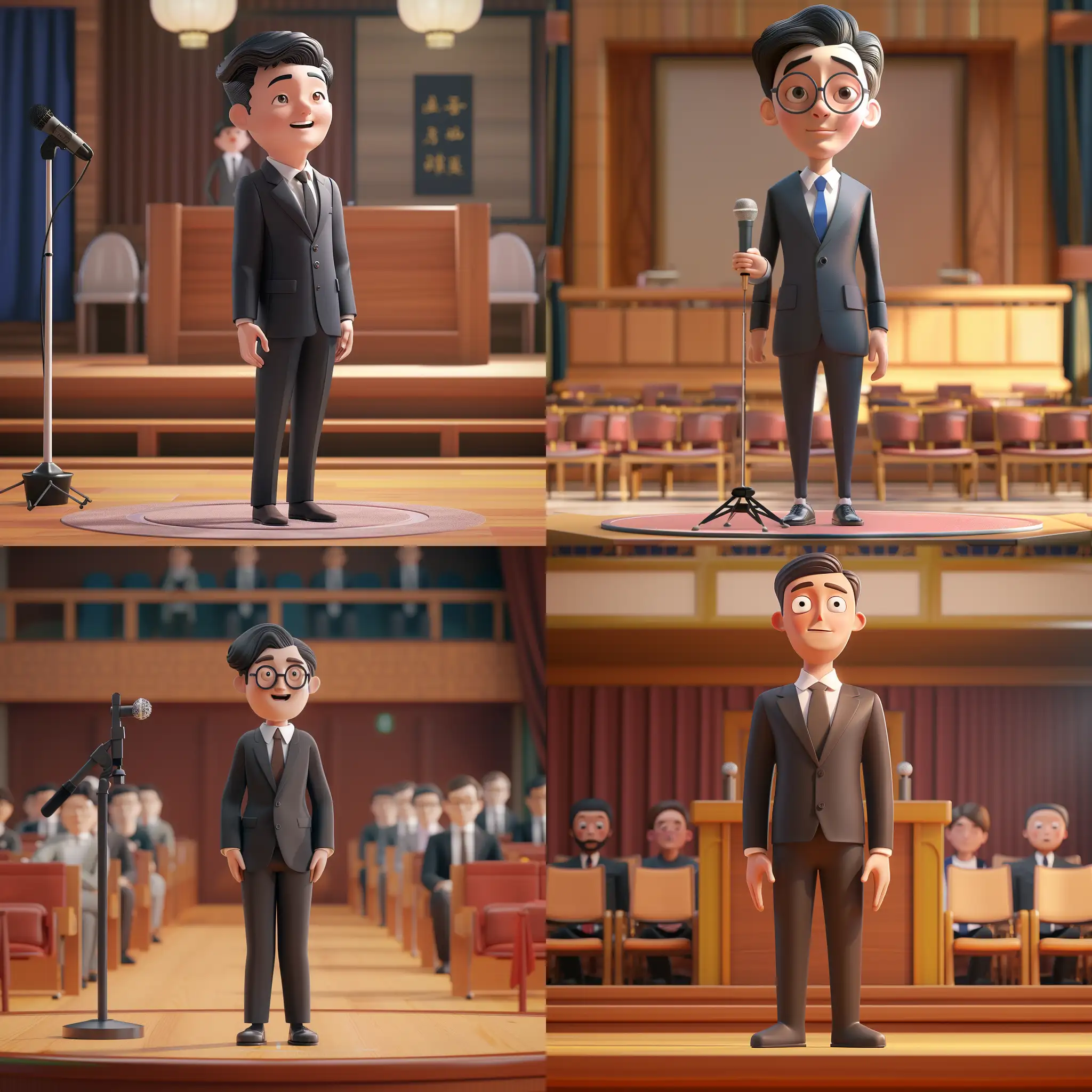 Create a 3D animated character of a Public Speaking Coach, confidently coaching clients in an elegant lecture hall in Hong Kong, maintaining the same style and character proportions. The character should radiate authority and supportiveness, dressed in professional attire, with a stage, microphone, and audience seating hinting at the training environment. Emphasize a color palette that includes serene shades close to #2563eb, to echo the composed and reliable atmosphere needed for mastering public speaking.
