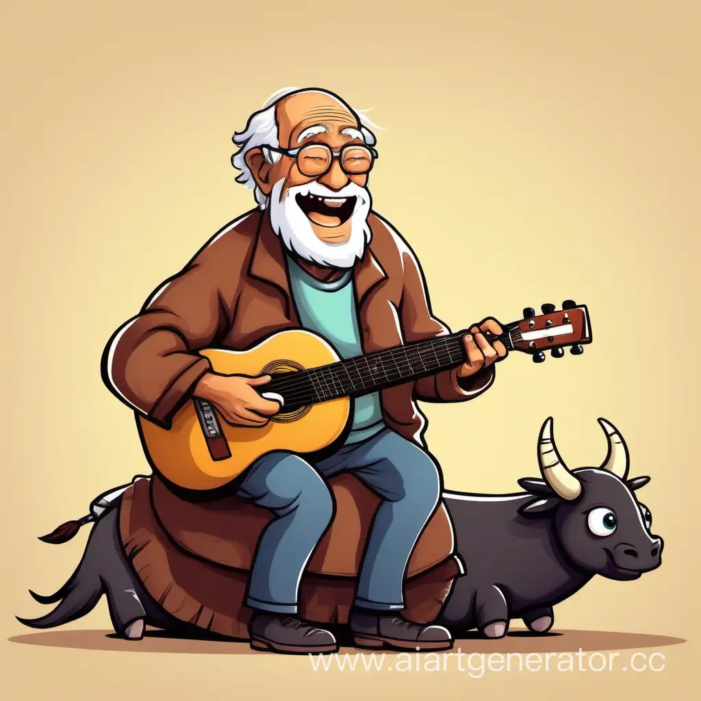 беззубый дед сидит на горбу у яка, в руках у деда гитара и он поет песни