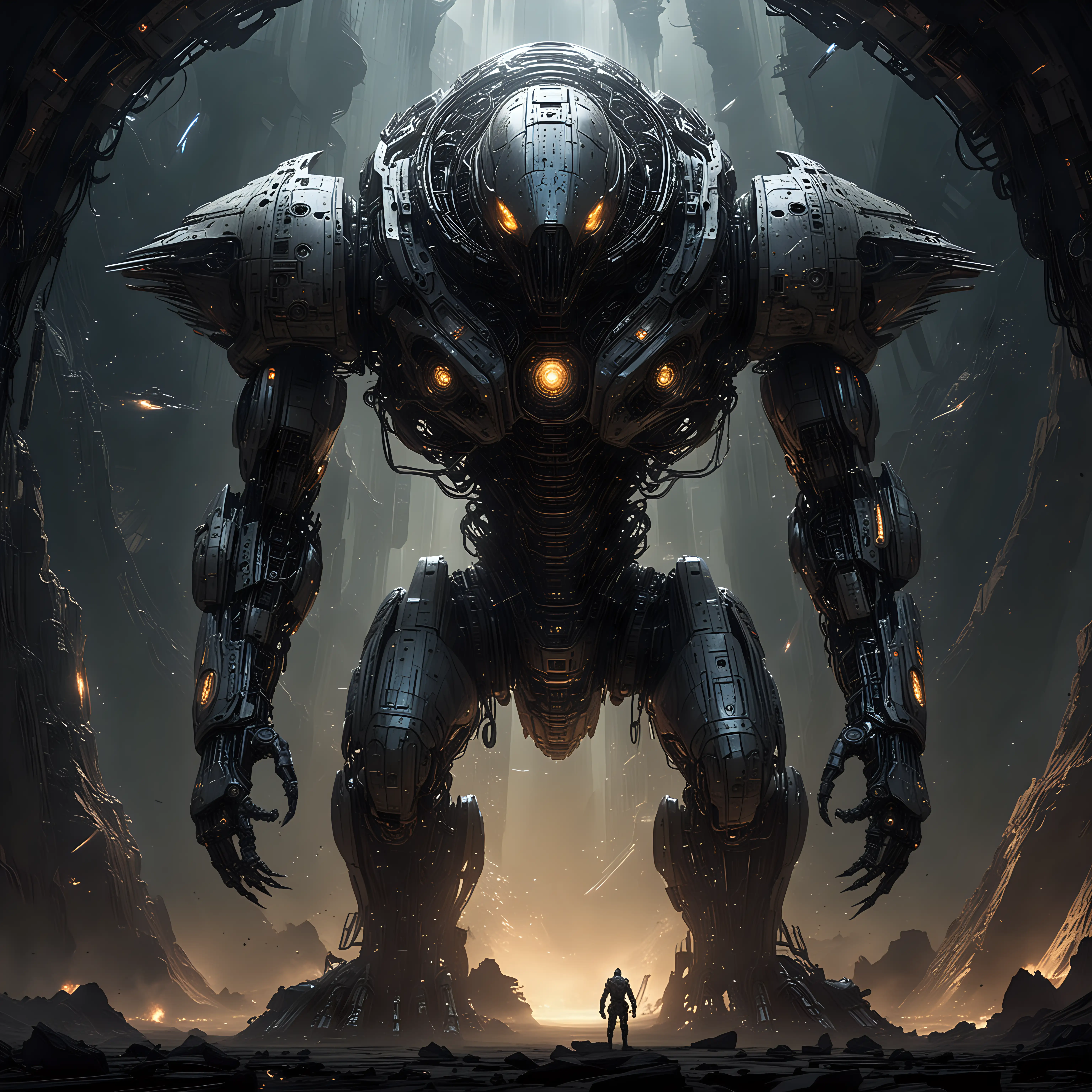 Towering Biomechanical Guardian Defending a Spaceship | MUSE AI