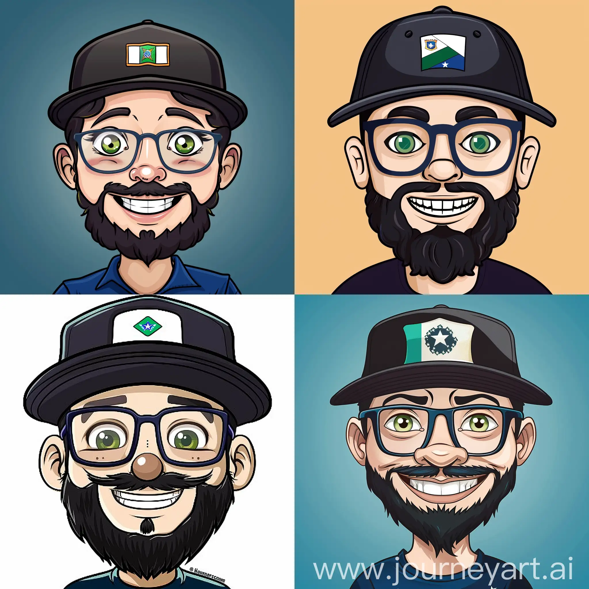 Cartoon of a smiling young white man, black cap with a honduras flag on front, black thick beard, green eyes, big nose, dark blue eye glasses