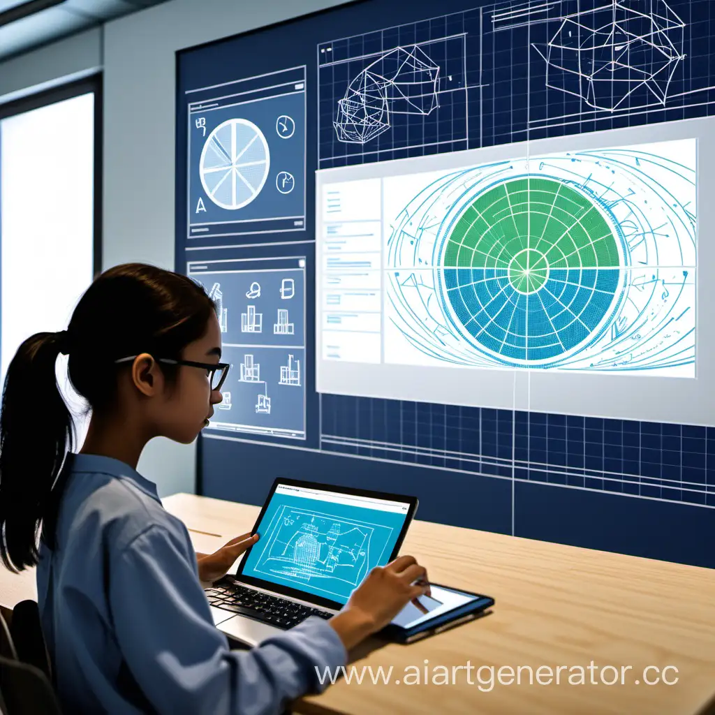 Иллюстрация может показывать студента, учащегося с помощью ноутбука или планшета, на фоне виртуальной классной комнаты с интерактивной доской и визуализациями.