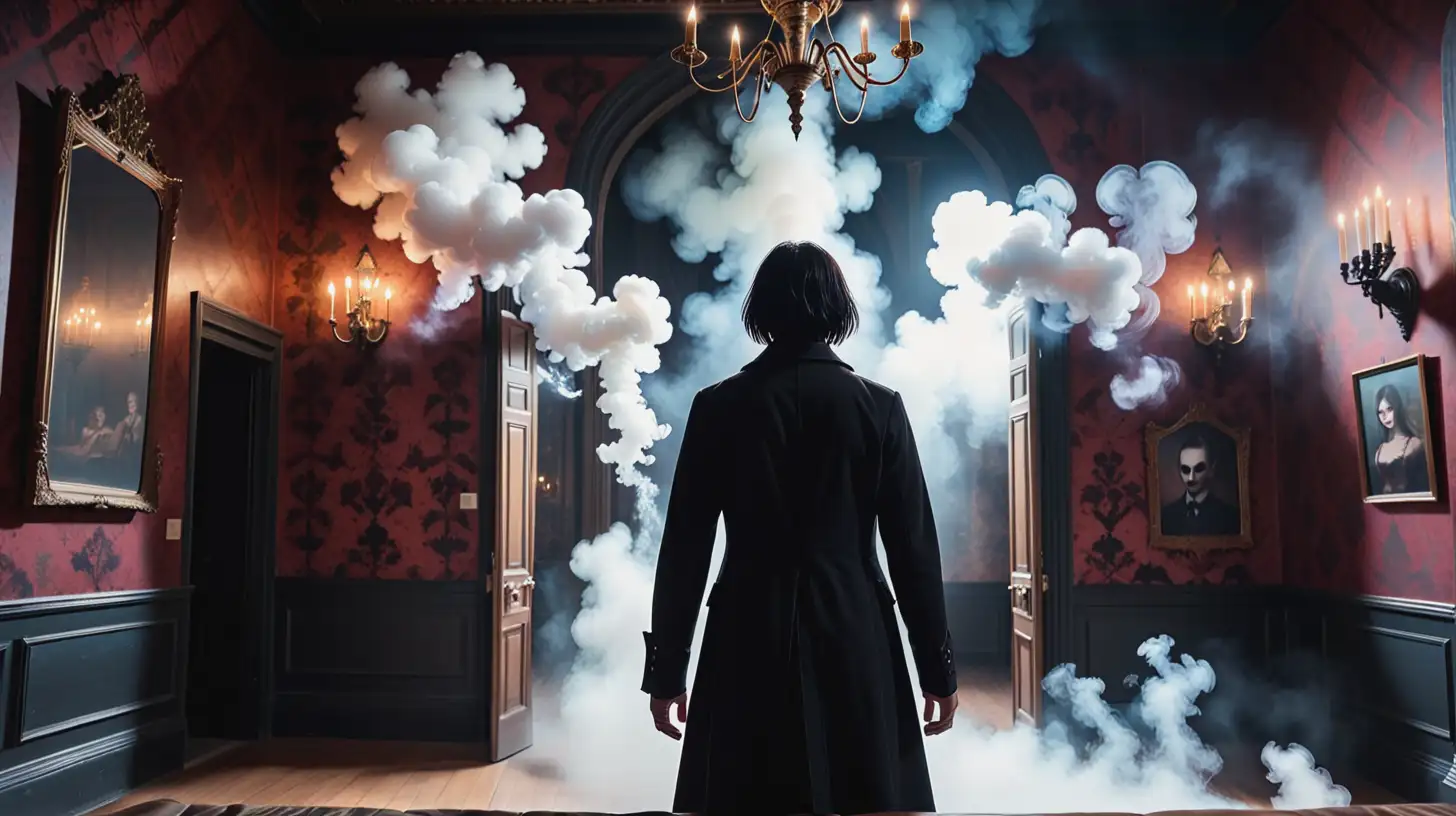 A person who is crazy starring at a reven on the wall. The background is a gothic room with dreamlike smoke. 