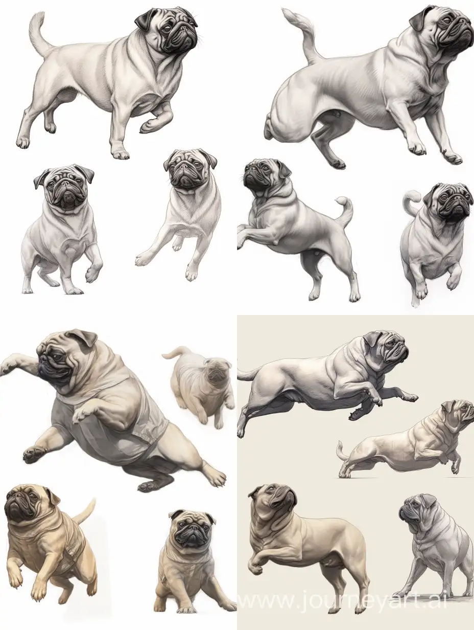 professional sketch shades of gray for wooden sculpture, full-sized Pug flying through the air, in the style of Nick Bibbi, dynamic elegant pose, front back view and side view, wood carving, step-by-step drawing, Artstation, highly complete detailed, making of, white background, 8k Render, ultra realistic