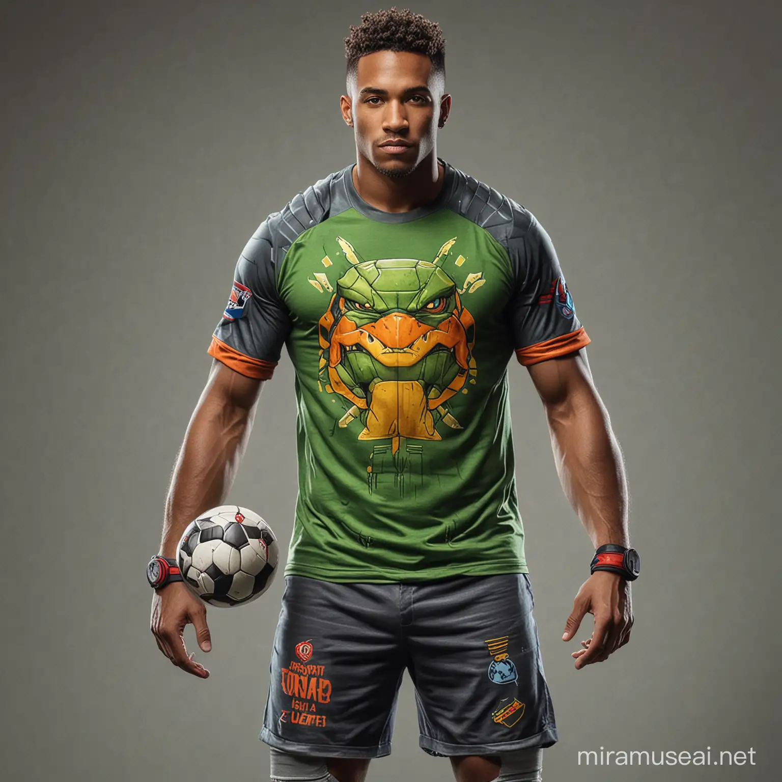 A soccer player wearing a t shirt inspired by tmnt