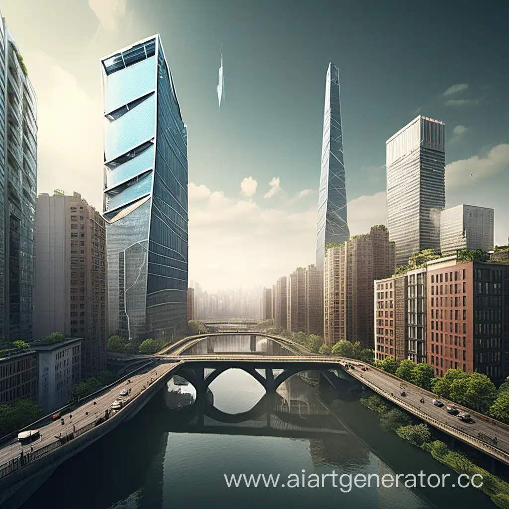 Суэтский канал с широким мостом, зданиями, и ввсоким небоскребом на новых технологиях