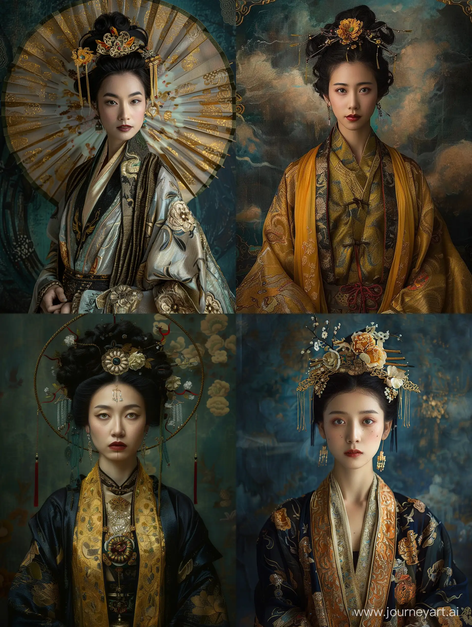 an asian woman dressed in traditional chinese fashion, in the style of otherworldly paintings, kawacy, intricately sculpted, helene knoop, mystical portraits, elaborate costumes, dark gold and sky-blue --ar 3:4