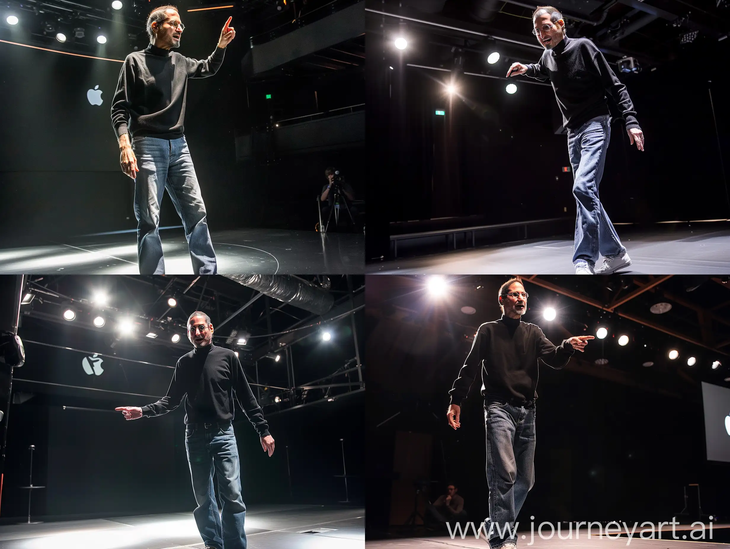 Portrait of Steve Jobs giving a lecture on the stage of a technology presentation room, wearing his characteristic black turtleneck sweater, jeans, and sneakers. The lighting comes from overhead spotlights creating a dramatic effect, highlighting his figure against the dark background of the stage. The composition includes Jobs in a dynamic pose, with one hand raised pointing towards a large screen behind him, where the Apple logo is projected. This portrait captures the moment with a shallow depth of field, using a Nikon D850 DSLR camera, with a Nikkor 85mm f/1.4 lens, capturing Jobs' intensity and passion for innovation. The style of the photography is inspired by the work of Annie Leibovitz, focusing on the subject's expressiveness and the significant use of lighting and shadow to add depth and character to the image.