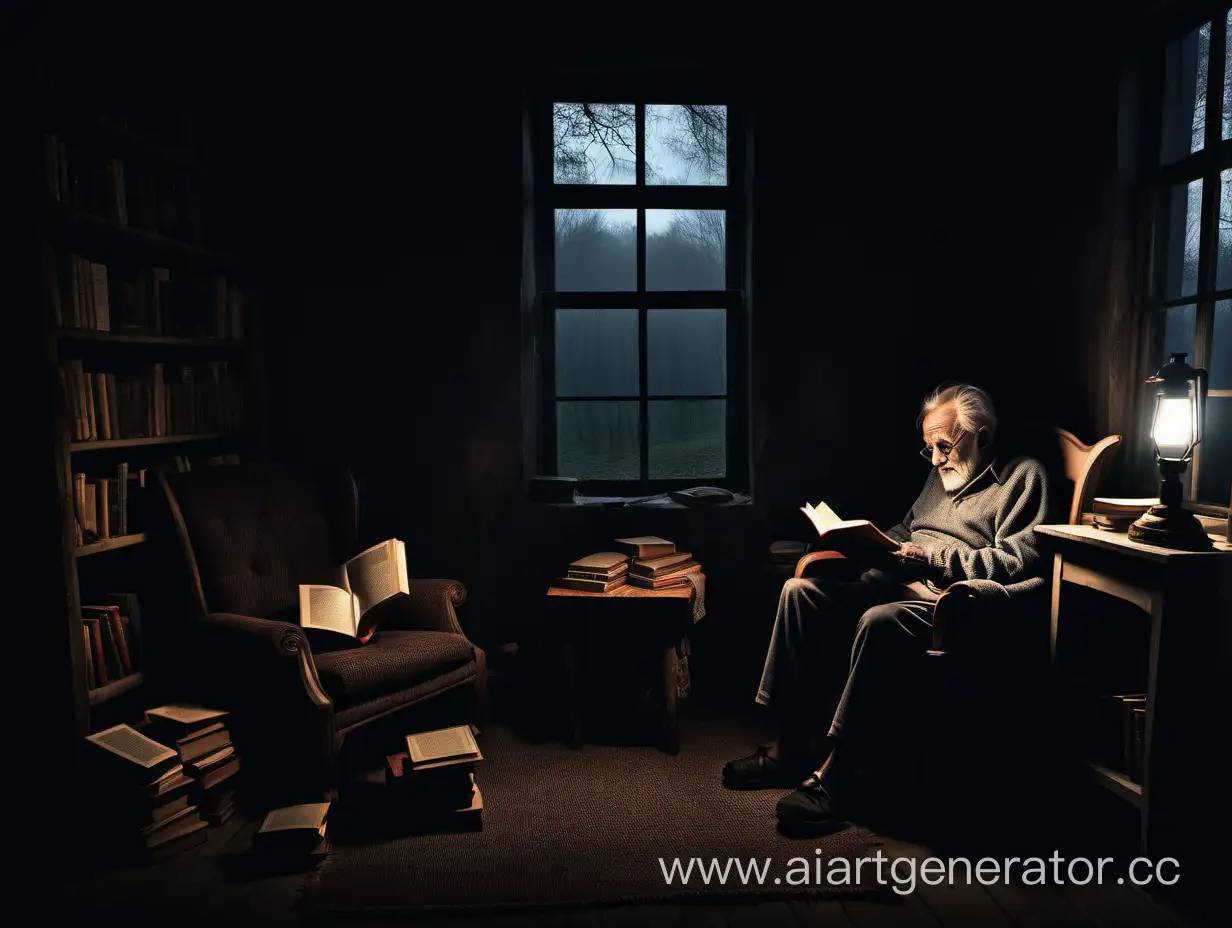 a dark room, a flashlight and books, a table, a chair, books, windows in nature and an old man sitting in an armchair reading a book
