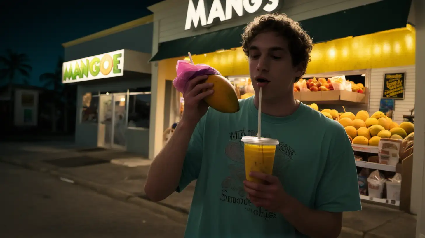 Dylan Jardon, holding a smoothie and a bag of mangoes, eating a sandwich, midnight setting in front of a store