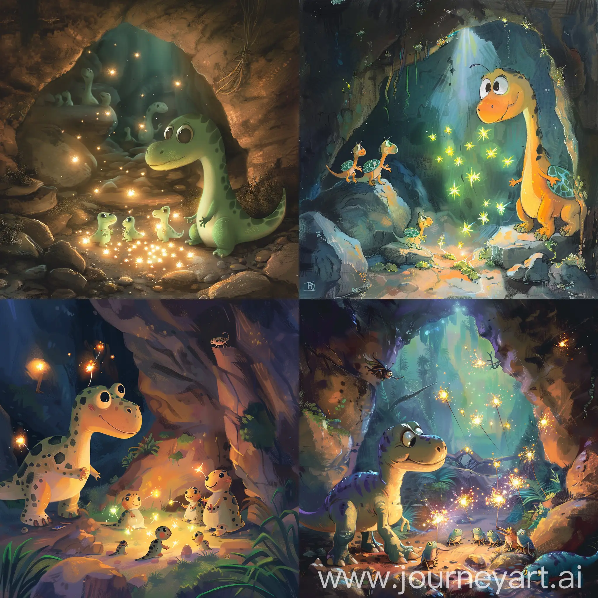 / imagine prompt Dino's adventure with the sparklebugs, a family of tiny creatures living in a cave