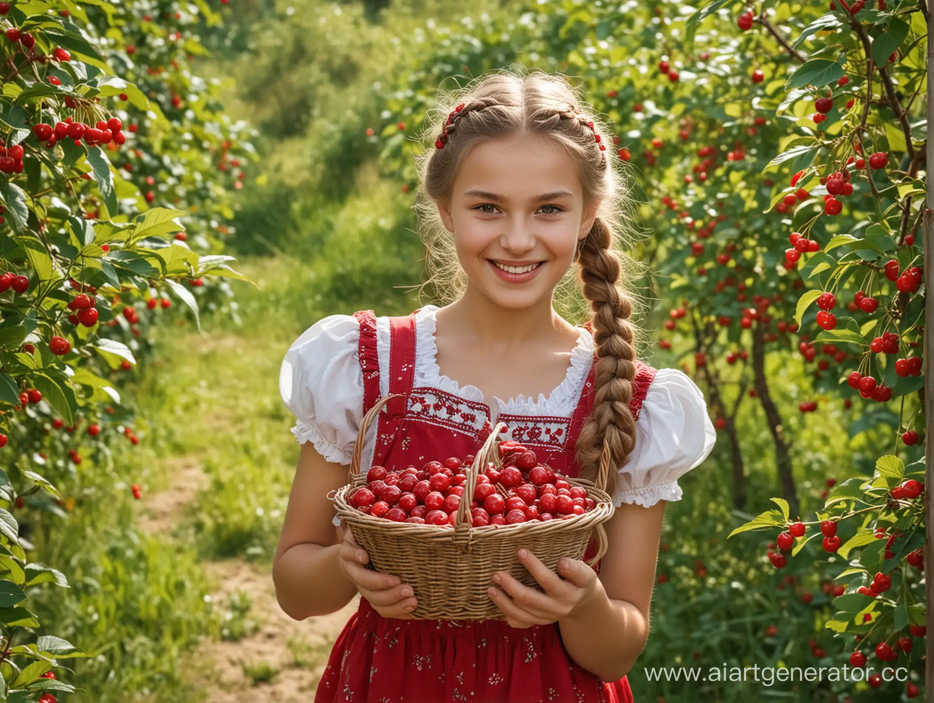 Russian-Country-Girl-Holding-Basket-of-Cherries-in-Cherry-Orchard